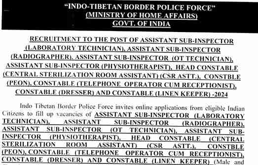 ITBP ASI, HC, Constable Paramedical Staff Recruitment 2024